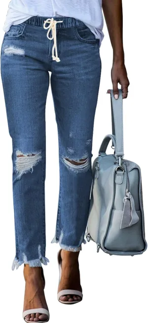 Sidefeel Women's Zimbaplatinum Drawstring Jeans High Waisted Ripped Boyfriend Pull On Denim Joggers Trousers