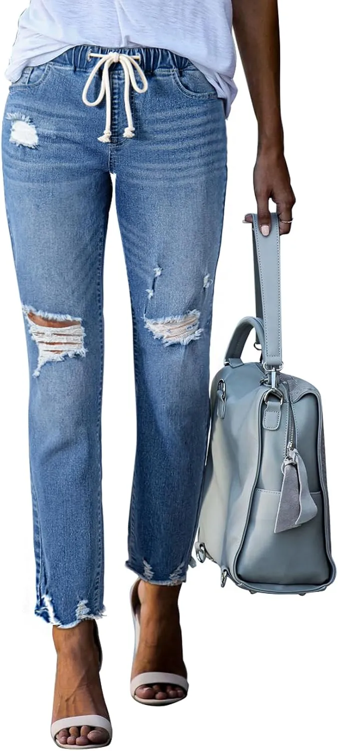 Sidefeel Women's Zimbaplatinum Drawstring Jeans High Waisted Ripped Boyfriend Pull On Denim Joggers Trousers