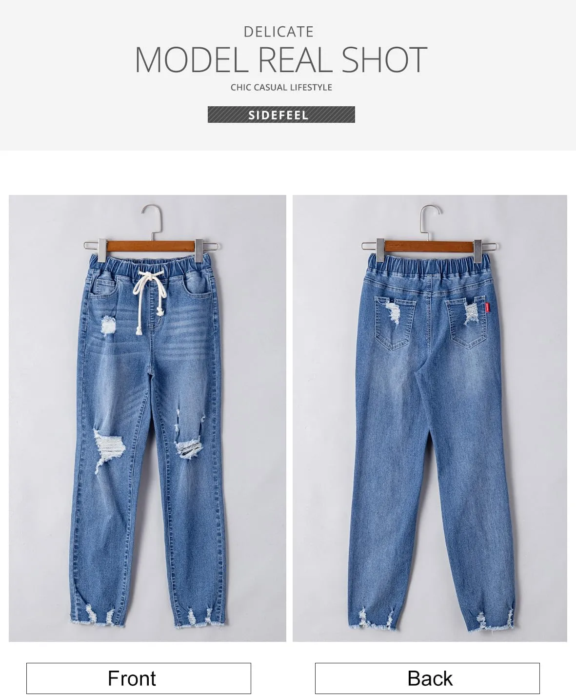 Sidefeel Women's Zimbaplatinum Drawstring Jeans High Waisted Ripped Boyfriend Pull On Denim Joggers Trousers