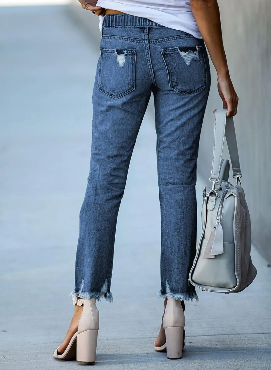 Sidefeel Women's Zimbaplatinum Drawstring Jeans High Waisted Ripped Boyfriend Pull On Denim Joggers Trousers