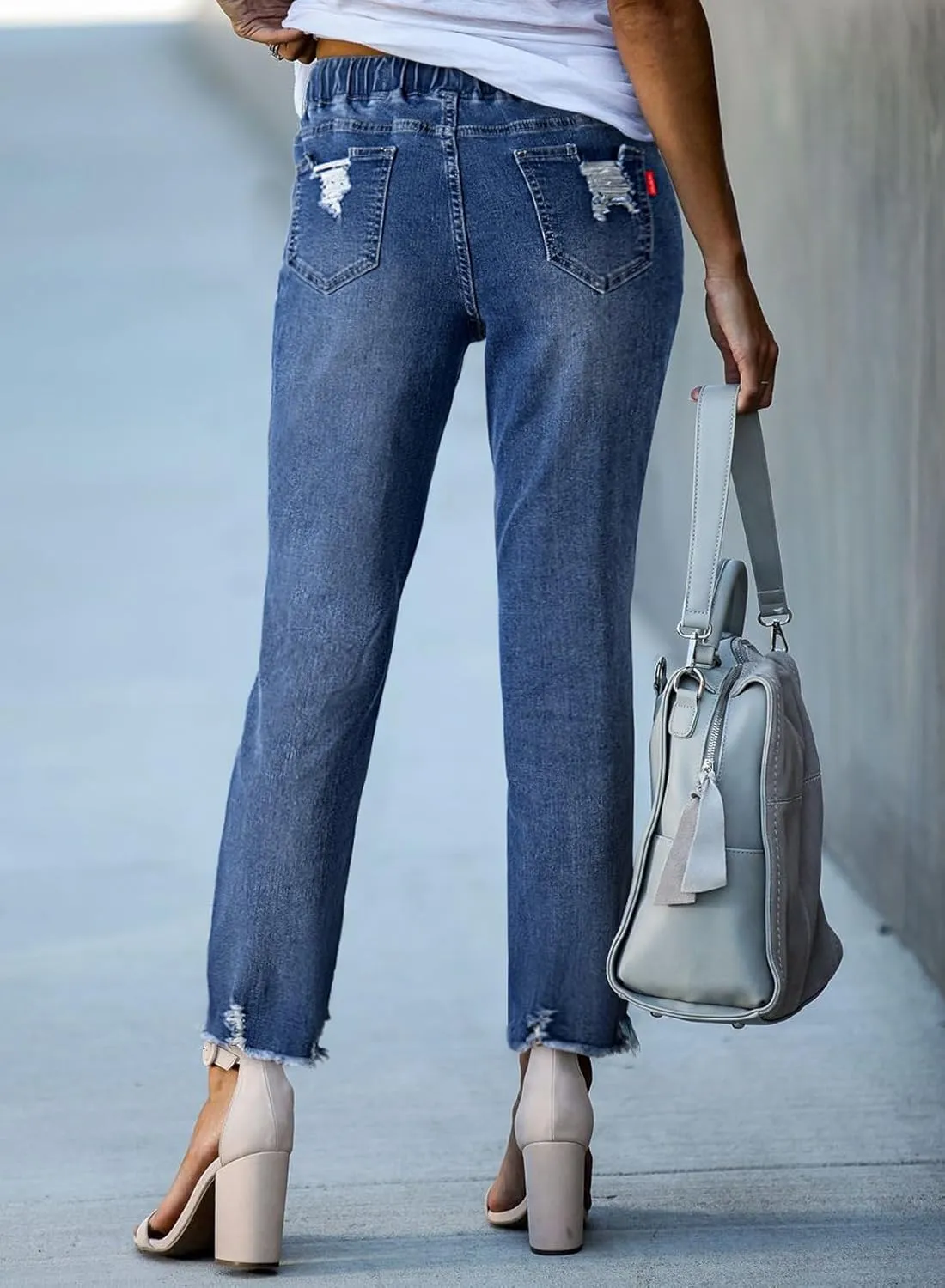 Sidefeel Women's Zimbaplatinum Drawstring Jeans High Waisted Ripped Boyfriend Pull On Denim Joggers Trousers