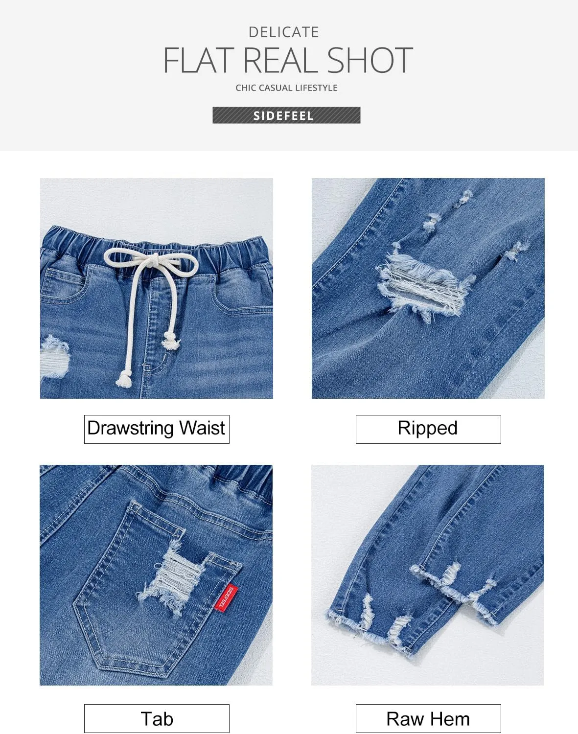 Sidefeel Women's Zimbaplatinum Drawstring Jeans High Waisted Ripped Boyfriend Pull On Denim Joggers Trousers