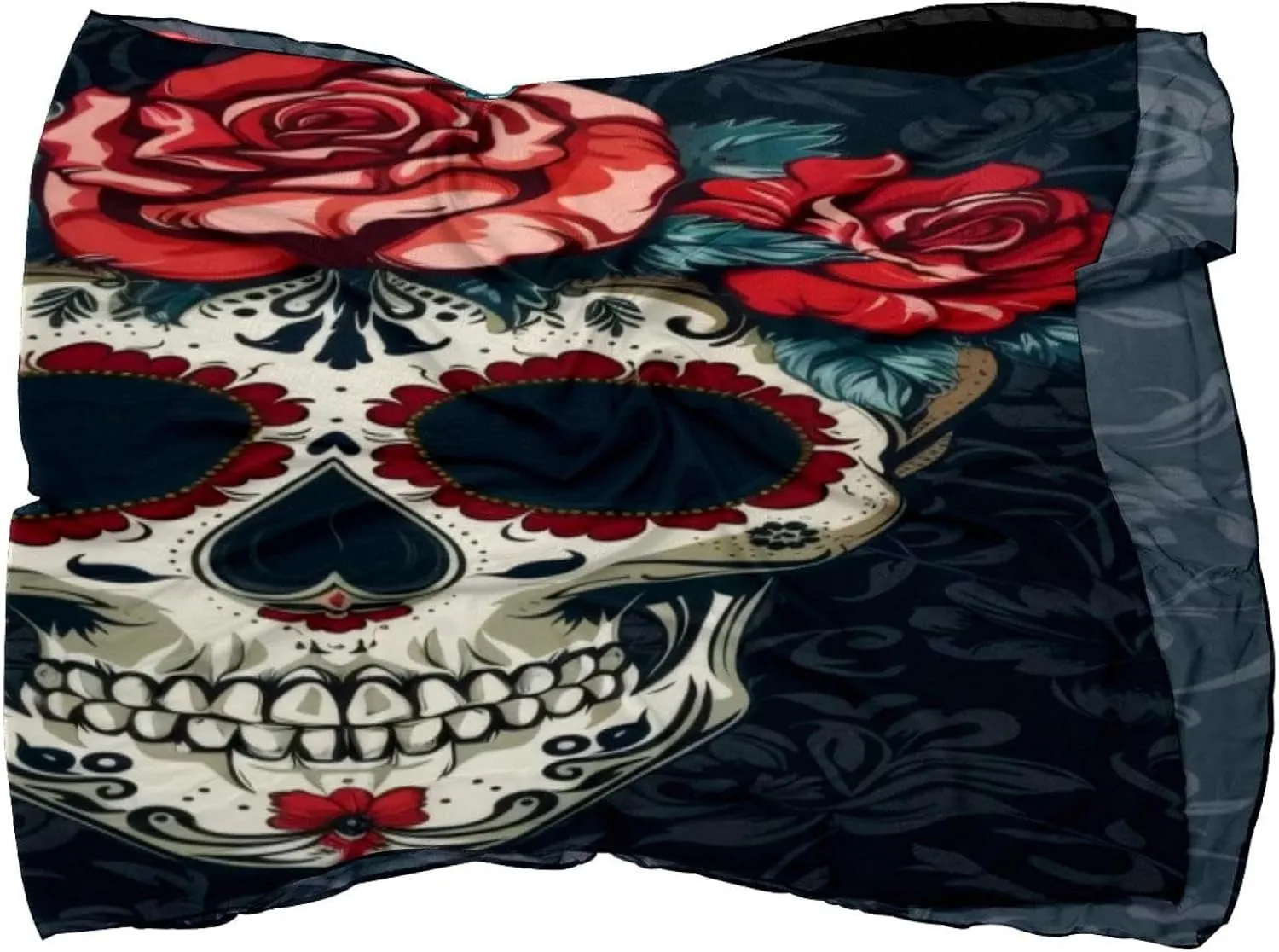 Silk Scarves Red Rose Sugar Skull Prints Long Chiffon Scarf Wrap Shawl for Women