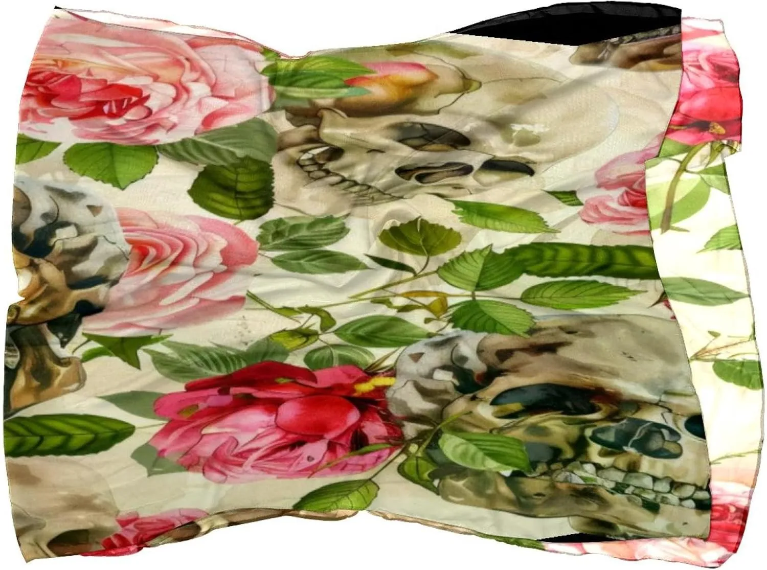 Silk Scarves Skulls Pink Rose with Leave Prints Long Chiffon Scarf Wrap Shawl for Women
