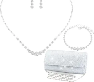 Silver Jewelry Set for Women Crystal Choker Necklace Earrings Link Bracelet Bridal Wedding Jewelry for Brides Bridemaid Prom Costume Accessories