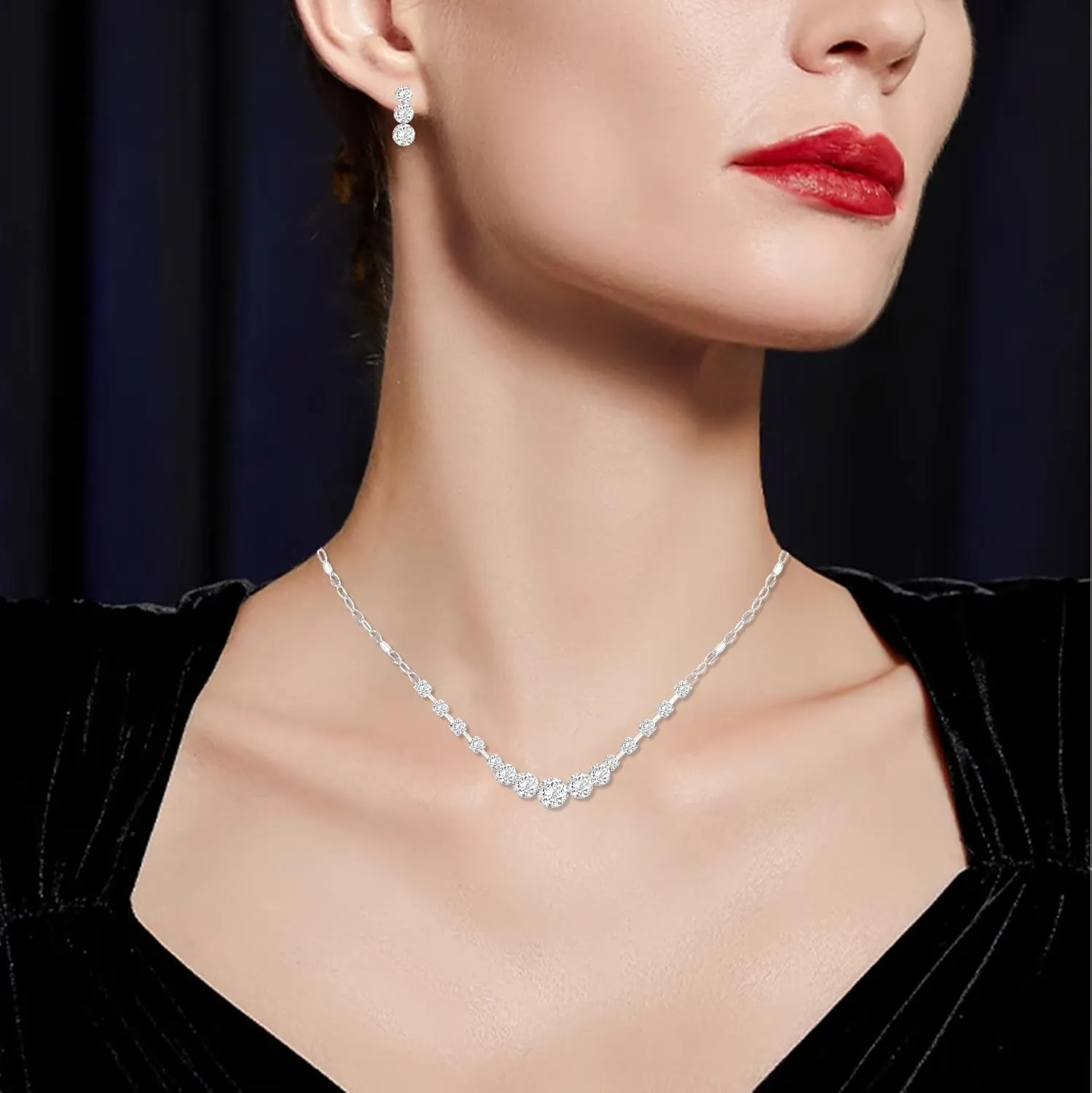 Silver Jewelry Set for Women Crystal Choker Necklace Earrings Link Bracelet Bridal Wedding Jewelry for Brides Bridemaid Prom Costume Accessories