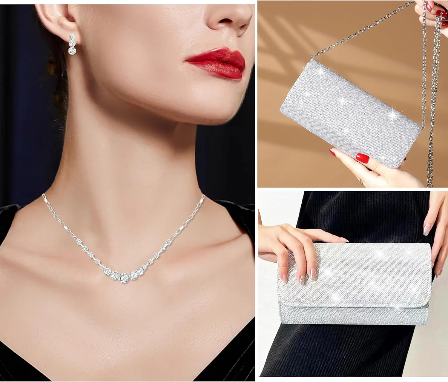 Silver Jewelry Set for Women Crystal Choker Necklace Earrings Link Bracelet Bridal Wedding Jewelry for Brides Bridemaid Prom Costume Accessories
