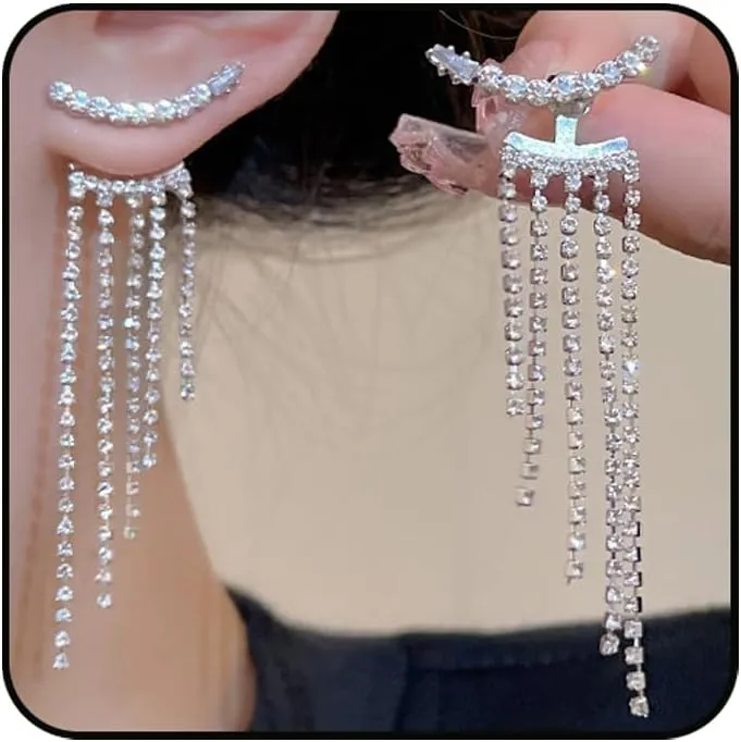 Silver Prom Earrings for Women Rhinestone Tassel Earrings Long Tennis Chain Cubic Zirconia Crystal Dangle Drop Earrings Prom Dresses Jewelry 2024