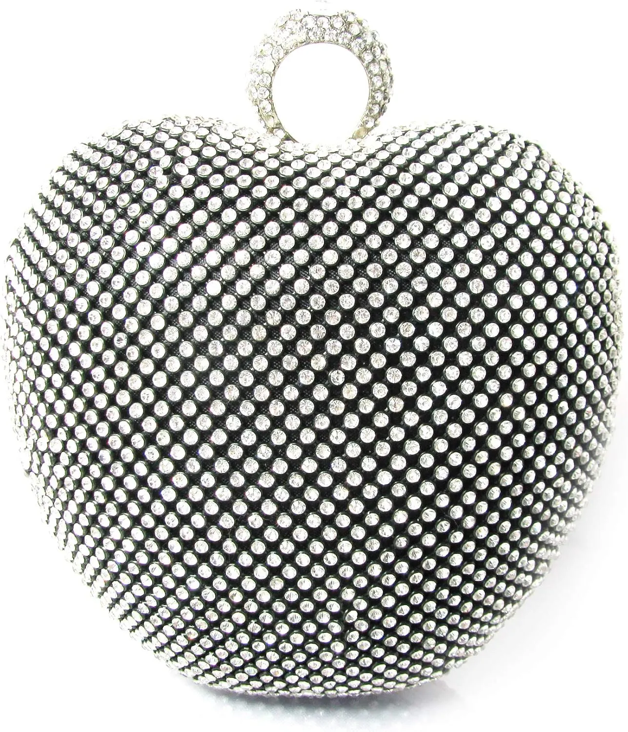 Silver Tone Black Apple Shape Hard Case Fringe Wedding Bag Clutch, Formal Evening Bag Silver Tone Clutch Crystals Accent Brooch fashion bag