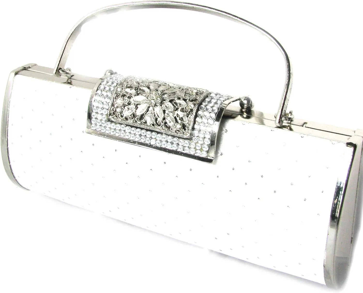 Silver Tone Slim Shape Hard Case Wedding Bag Clutch, Formal Evening Bag Silver Tone Clutch Crystals fashion bag