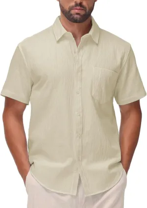 SIR7 Mens Summer Short Sleeve Cotton Linen Shirts Casual Button Down Shirts Beach Vacation Wedding Tops