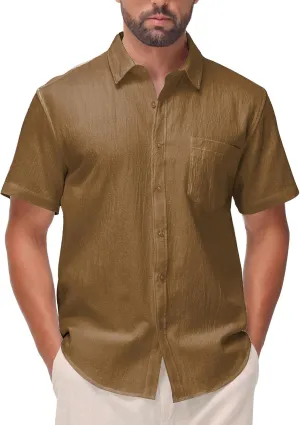 SIR7 Mens Summer Short Sleeve Cotton Linen Shirts Casual Button Down Shirts Beach Vacation Wedding Tops
