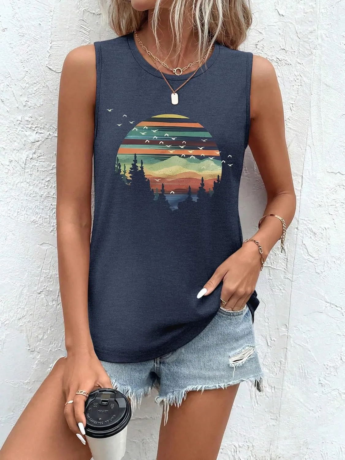 Sleeveless Tank Tops for Women 2025 Summer Casual Blouses Graphic Tees Loose Fit Crewneck Vacation Outfits Shirts