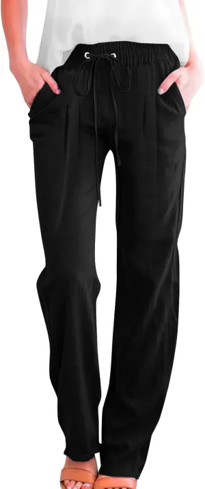 Slim Straight Leg Linen Pants for Women Summer Pants Elastic High Waist Drawstring Beach Trouser Business Work Slacks