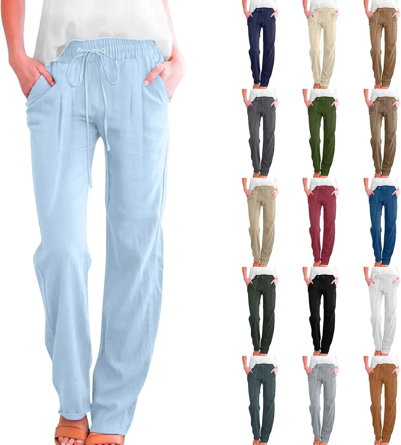 Slim Straight Leg Linen Pants for Women Summer Pants Elastic High Waist Drawstring Beach Trouser Business Work Slacks