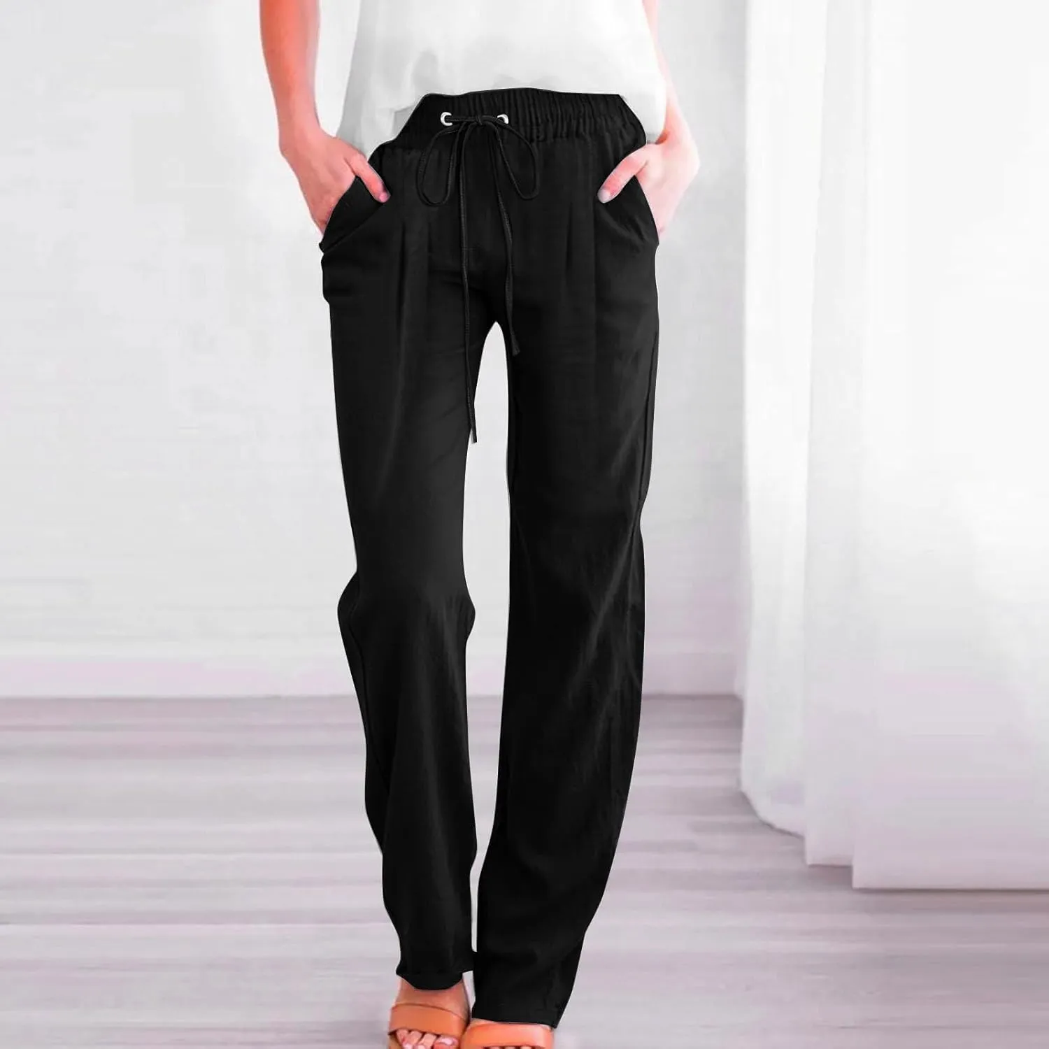 Slim Straight Leg Linen Pants for Women Summer Pants Elastic High Waist Drawstring Beach Trouser Business Work Slacks