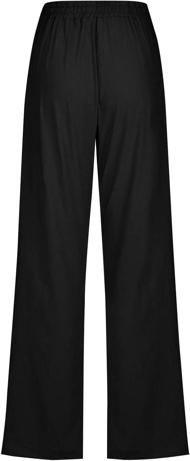 Slim Straight Leg Linen Pants for Women Summer Pants Elastic High Waist Drawstring Beach Trouser Business Work Slacks