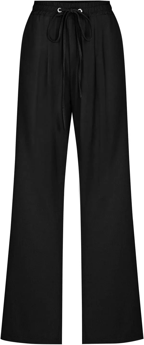 Slim Straight Leg Linen Pants for Women Summer Pants Elastic High Waist Drawstring Beach Trouser Business Work Slacks