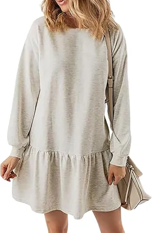 slqdgmryz Sweatshirt Dress Women Fall Crewneck Sweatshirts Oversized Long Sleeve Mini Dress Ruffle Patchwork Sweatshirt