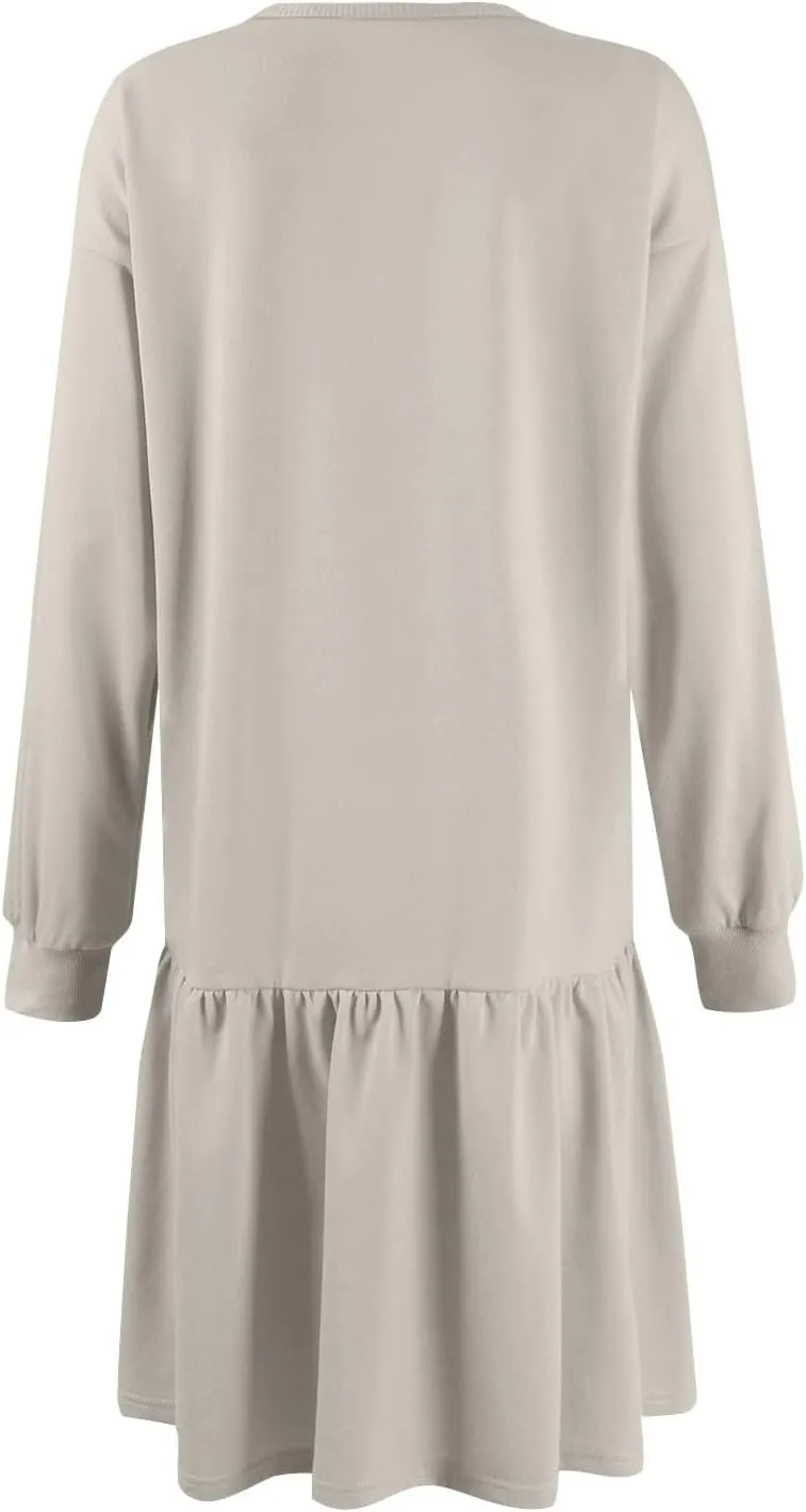 slqdgmryz Sweatshirt Dress Women Fall Crewneck Sweatshirts Oversized Long Sleeve Mini Dress Ruffle Patchwork Sweatshirt