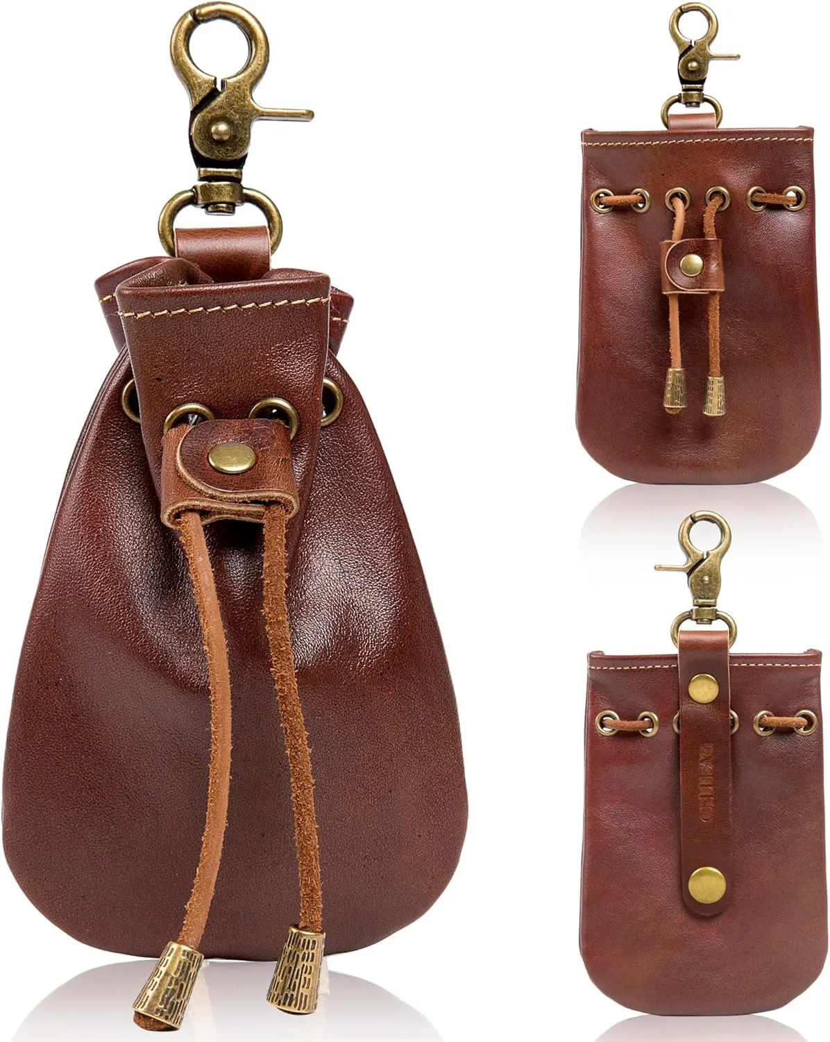 Small Vintage Medieval Drawstring Belt Pouch, FULL-GRAIN Leather, handmade, portable coin&dice purse with keychain. Unique design on the back, easily attached to your belt. Ren Faire costumes.
