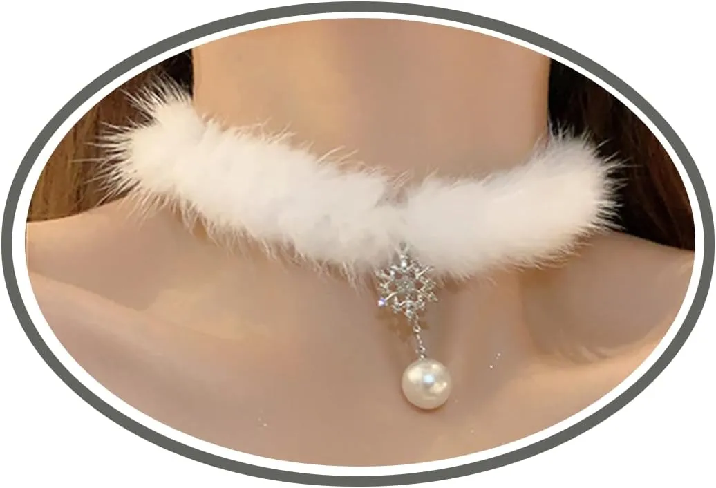 Snowflake Choker Necklace Christmas Necklaces for Women Fluffy Snowflake Pearl Pendant Choker for Girls Winter Jewelry Gift