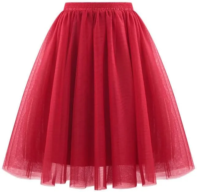 Solid High Waist Elastic Mesh Puffy Skirt for Women Casual A-line Layered Formal Party Ladies Skirt 2025