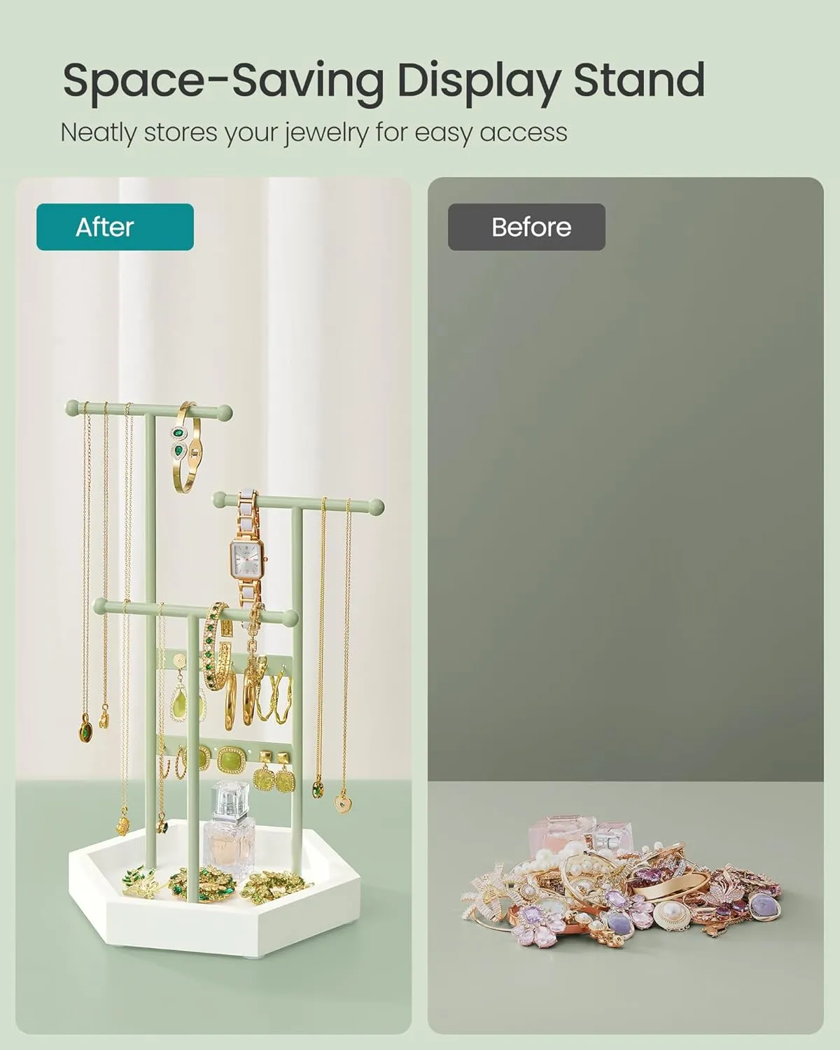 SONGMICS Jewelry Holder, Jewelry Organizer, 3 Tiers and 1 Tray, Jewelry Display Stand with Metal Frame, Necklace Earring Bracelet Holder, for Rings, Laurel Green and Cloud White UJJS003C01