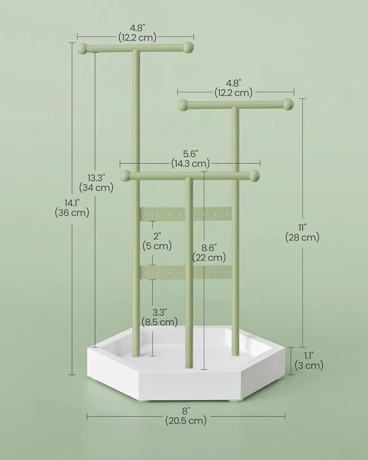 SONGMICS Jewelry Holder, Jewelry Organizer, 3 Tiers and 1 Tray, Jewelry Display Stand with Metal Frame, Necklace Earring Bracelet Holder, for Rings, Laurel Green and Cloud White UJJS003C01