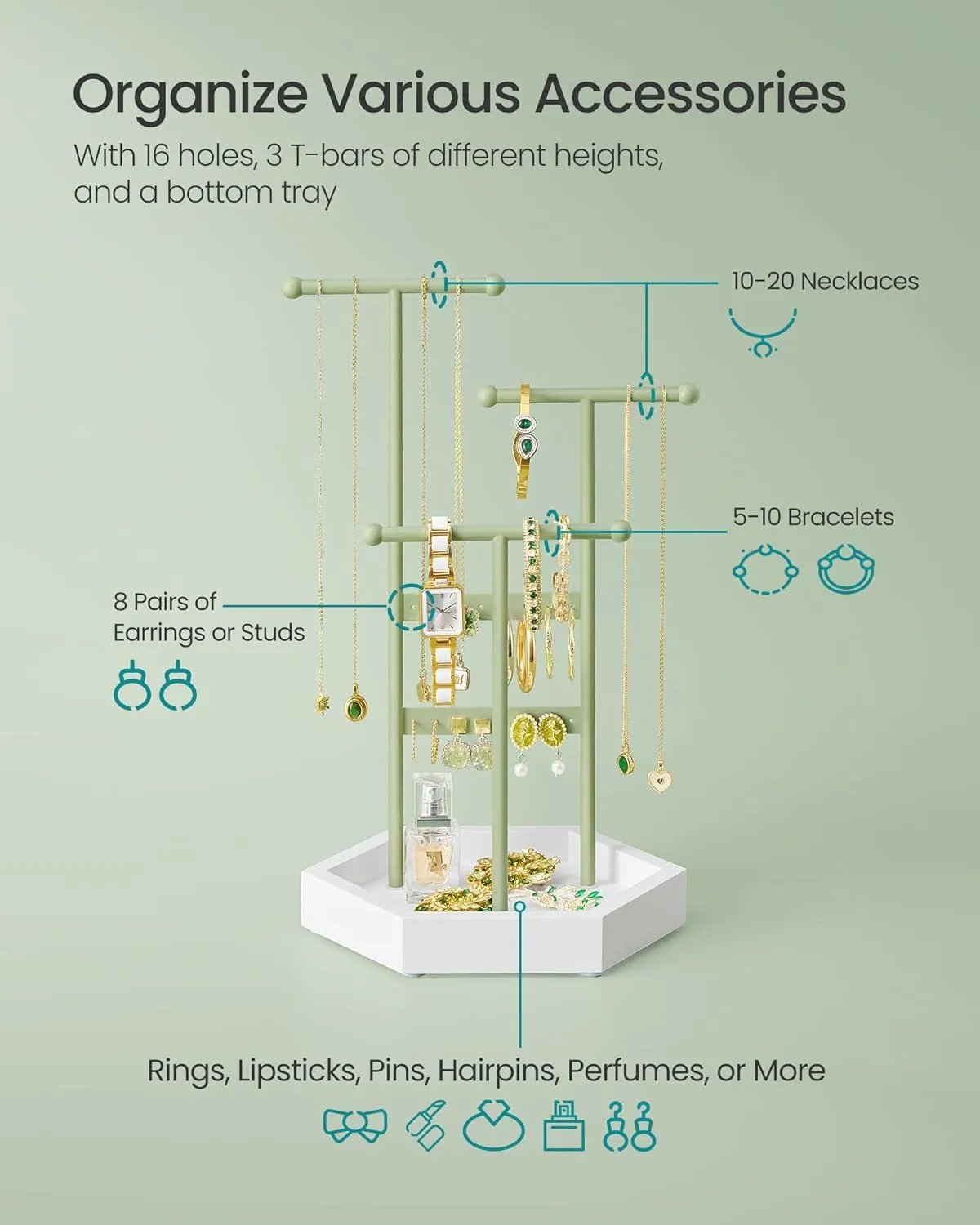SONGMICS Jewelry Holder, Jewelry Organizer, 3 Tiers and 1 Tray, Jewelry Display Stand with Metal Frame, Necklace Earring Bracelet Holder, for Rings, Laurel Green and Cloud White UJJS003C01