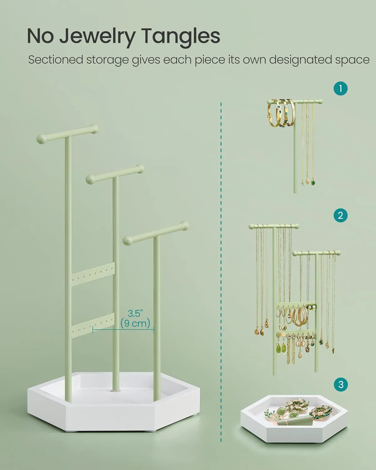 SONGMICS Jewelry Holder, Jewelry Organizer, 3 Tiers and 1 Tray, Jewelry Display Stand with Metal Frame, Necklace Earring Bracelet Holder, for Rings, Laurel Green and Cloud White UJJS003C01