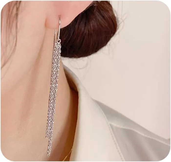 Sparkle Silver Tassel Threader Dangle Earrings for Women Glitter Linear Fringe Chain Drop Earrings Long Statement Dangling Earrings 70's Party Jewelry