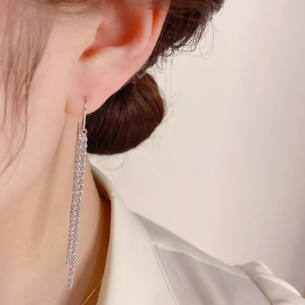 Sparkle Silver Tassel Threader Dangle Earrings for Women Glitter Linear Fringe Chain Drop Earrings Long Statement Dangling Earrings 70's Party Jewelry