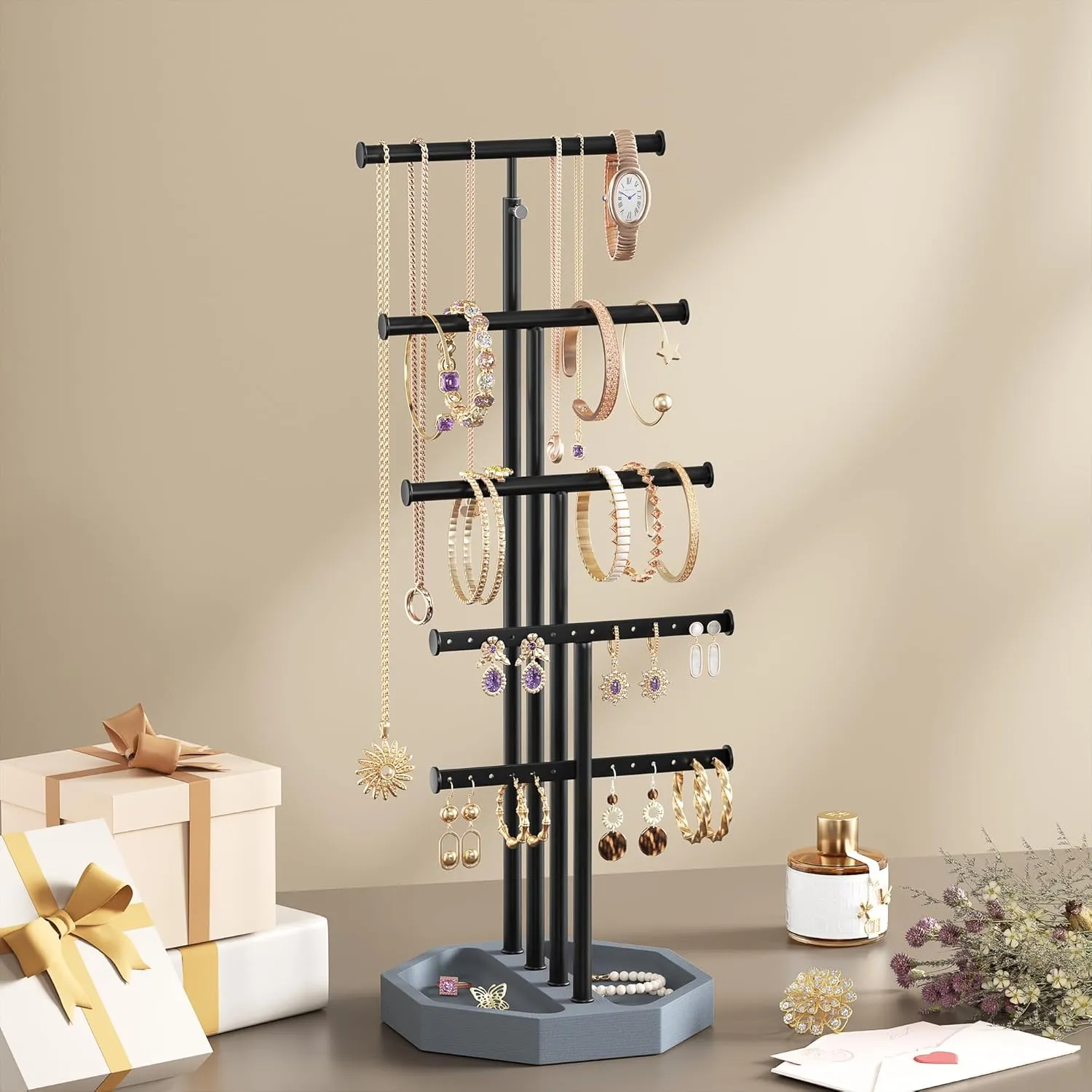 SRIWATANA Jewelry Organizer Stand, 5 Tier Necklace Holder Bracelet Earring Holder Jewelry Display Stand Large Storage with Wood Base, Gifts for Loved One, Weathered Grey