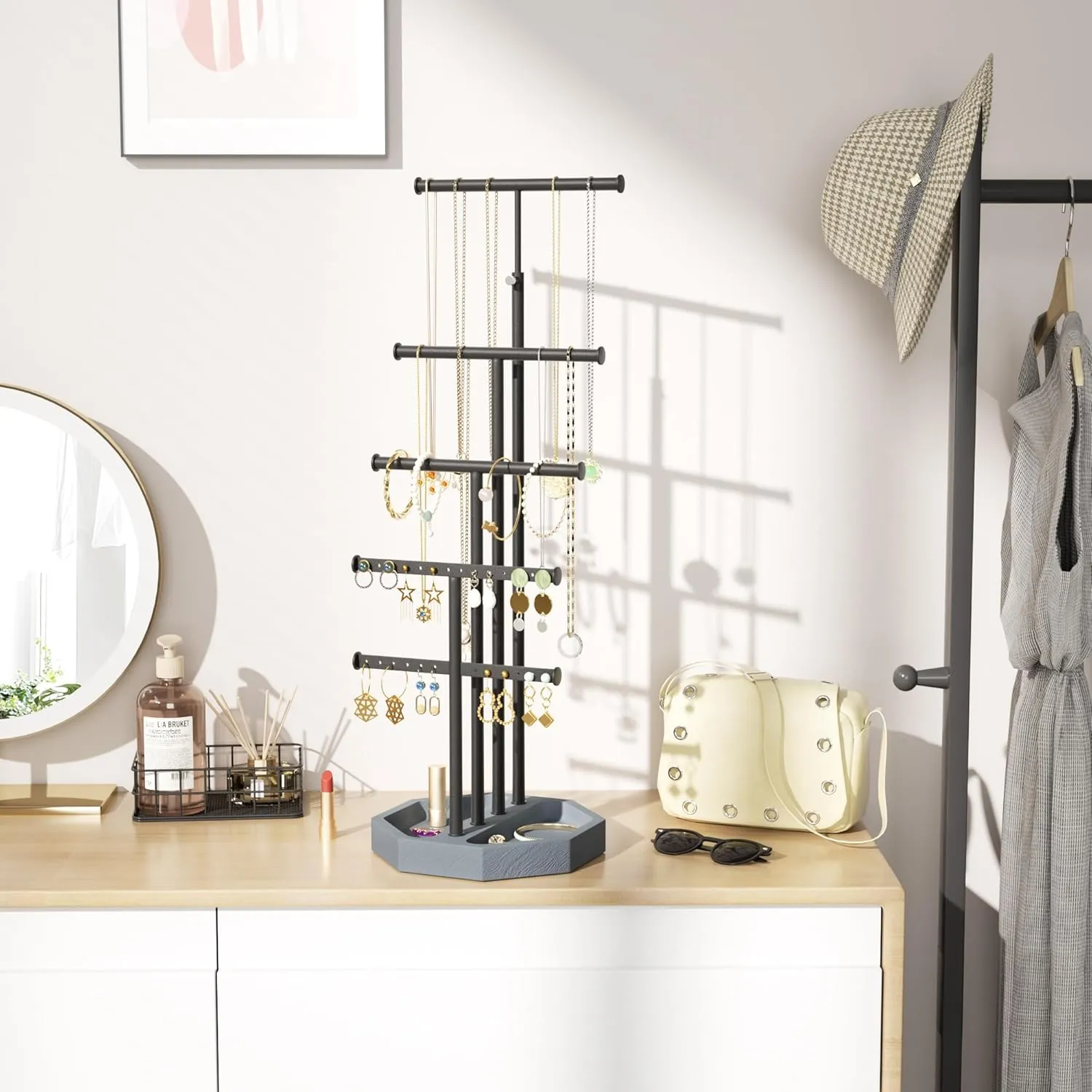 SRIWATANA Jewelry Organizer Stand, 5 Tier Necklace Holder Bracelet Earring Holder Jewelry Display Stand Large Storage with Wood Base, Gifts for Loved One, Weathered Grey