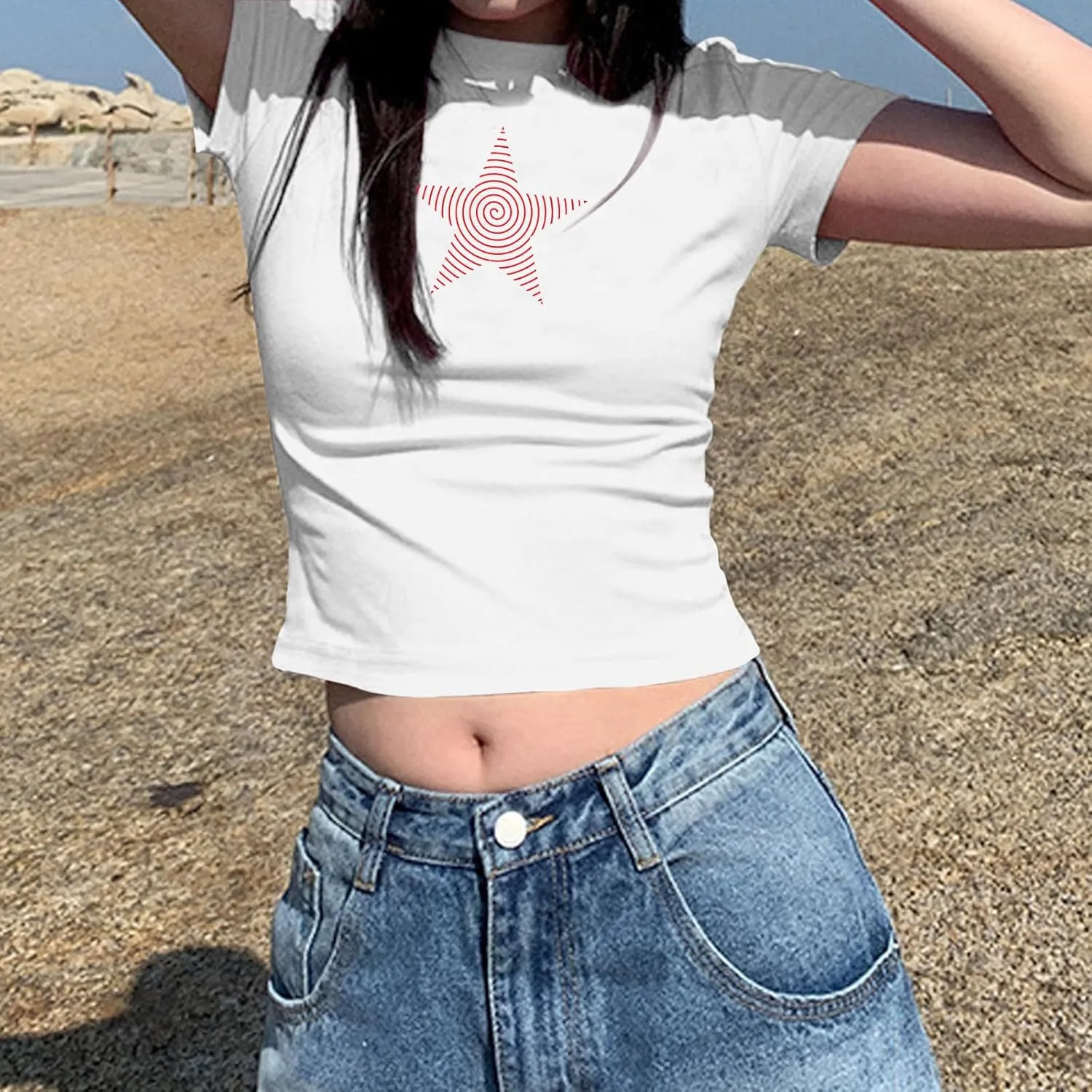 Star Graphic Baby Tees Crop Tops for Women Y2k Grunge Aesthetic Shirt Sexy Cropped Tshirt Short Sleeve for Teens