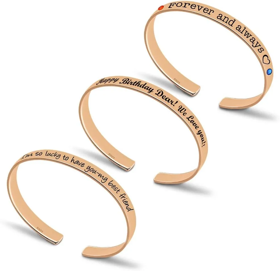 Sterling Silver Bangles Personalized Engraving Message Simulated Birthstone - Custom Women Cuff Bangle Bracelets Gold Plated/Silver/Rose Gold