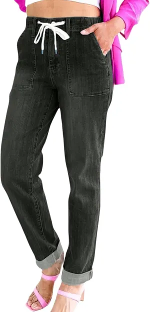 Straight Leg Jeans for Women Drawstring Elastic High Waist Pull On Jeans Baggy Casual Boyfriend Denim Pants Trousers