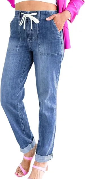 Straight Leg Jeans for Women Drawstring Elastic High Waist Pull On Jeans Baggy Casual Boyfriend Denim Pants Trousers