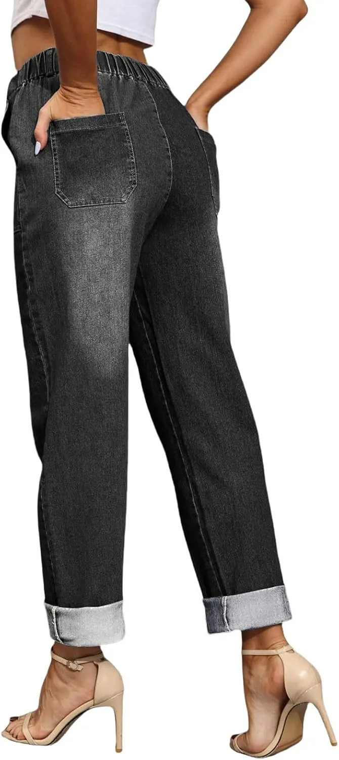 Straight Leg Jeans for Women Drawstring Elastic High Waist Pull On Jeans Baggy Casual Boyfriend Denim Pants Trousers