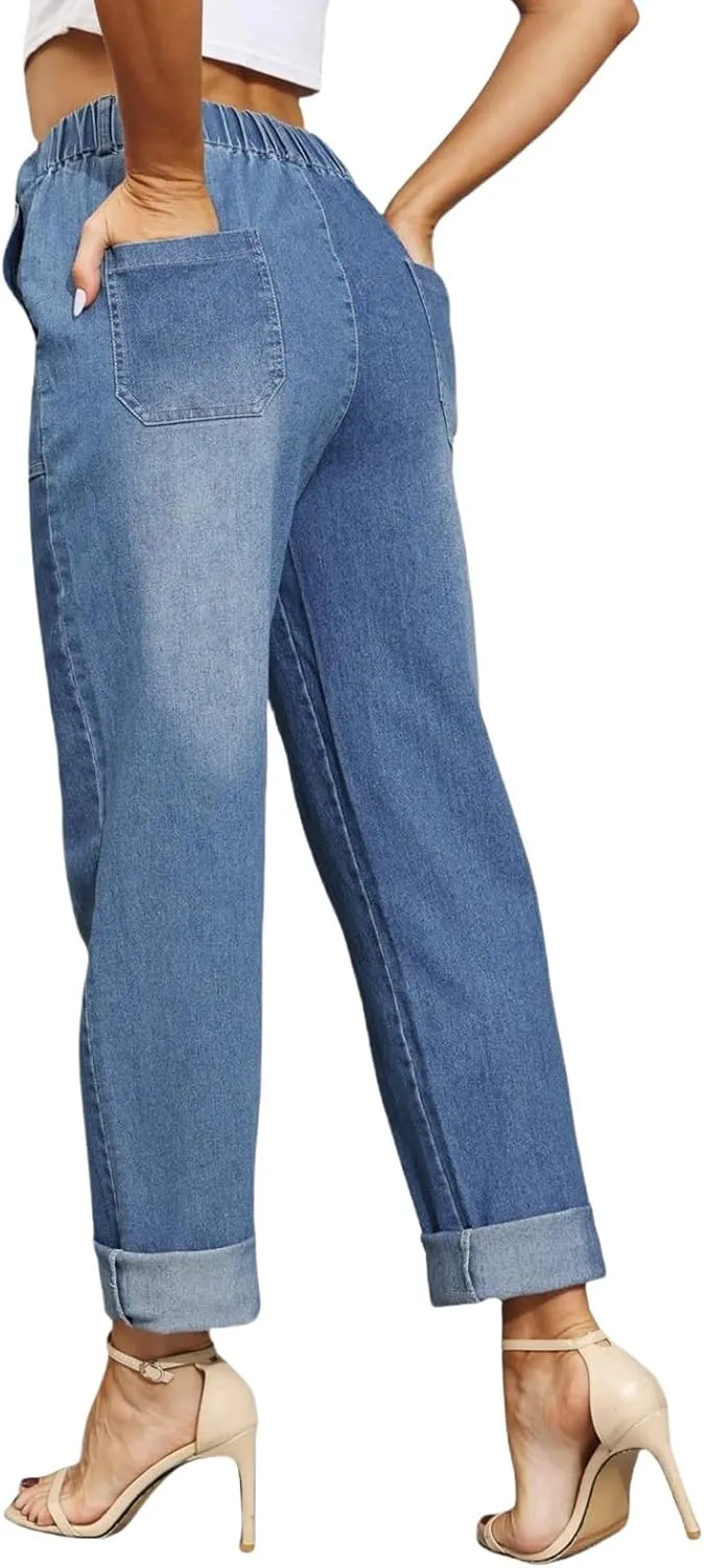 Straight Leg Jeans for Women Drawstring Elastic High Waist Pull On Jeans Baggy Casual Boyfriend Denim Pants Trousers