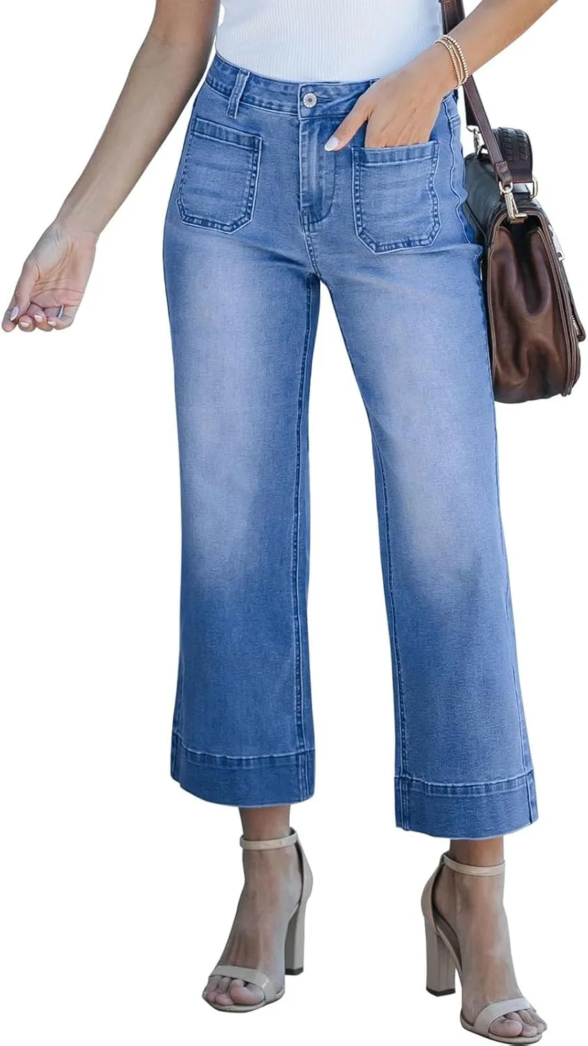 Straight Leg Jeans for Women Fashion High Waisted Stretchy Loose Cropped Denim Pants Casual Baggy Jean Trousers
