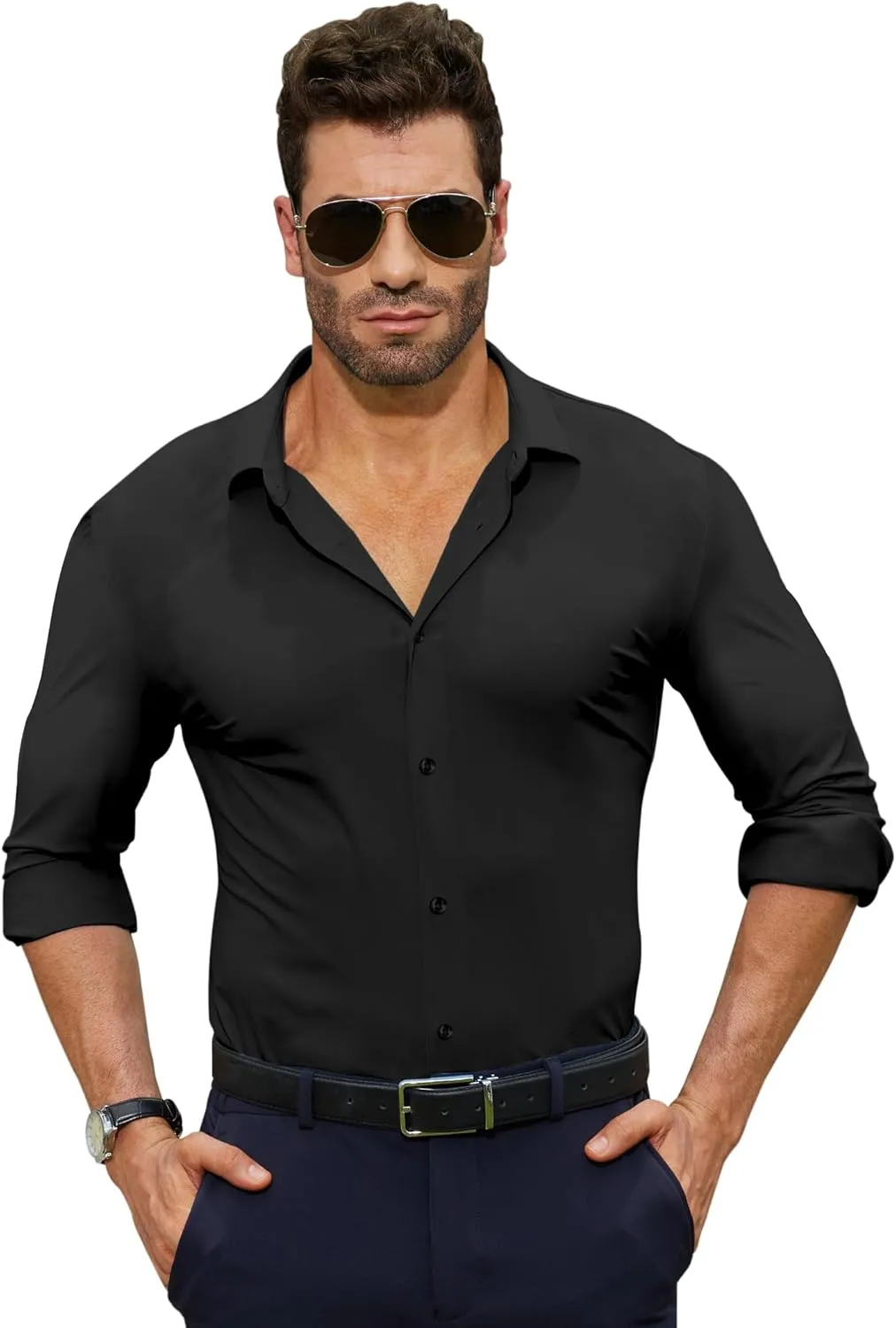 Stretch Mens Dress Shirts Long Sleeve Muscle Fit Dress Shirts for Men Slim Fit Big and Tall Mens Button Down Shirt