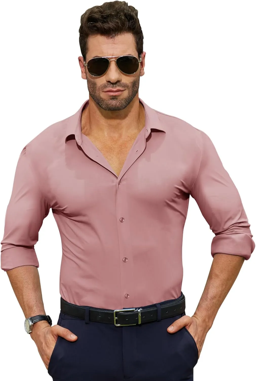 Stretch Mens Dress Shirts Long Sleeve Muscle Fit Dress Shirts for Men Slim Fit Big and Tall Mens Button Down Shirt