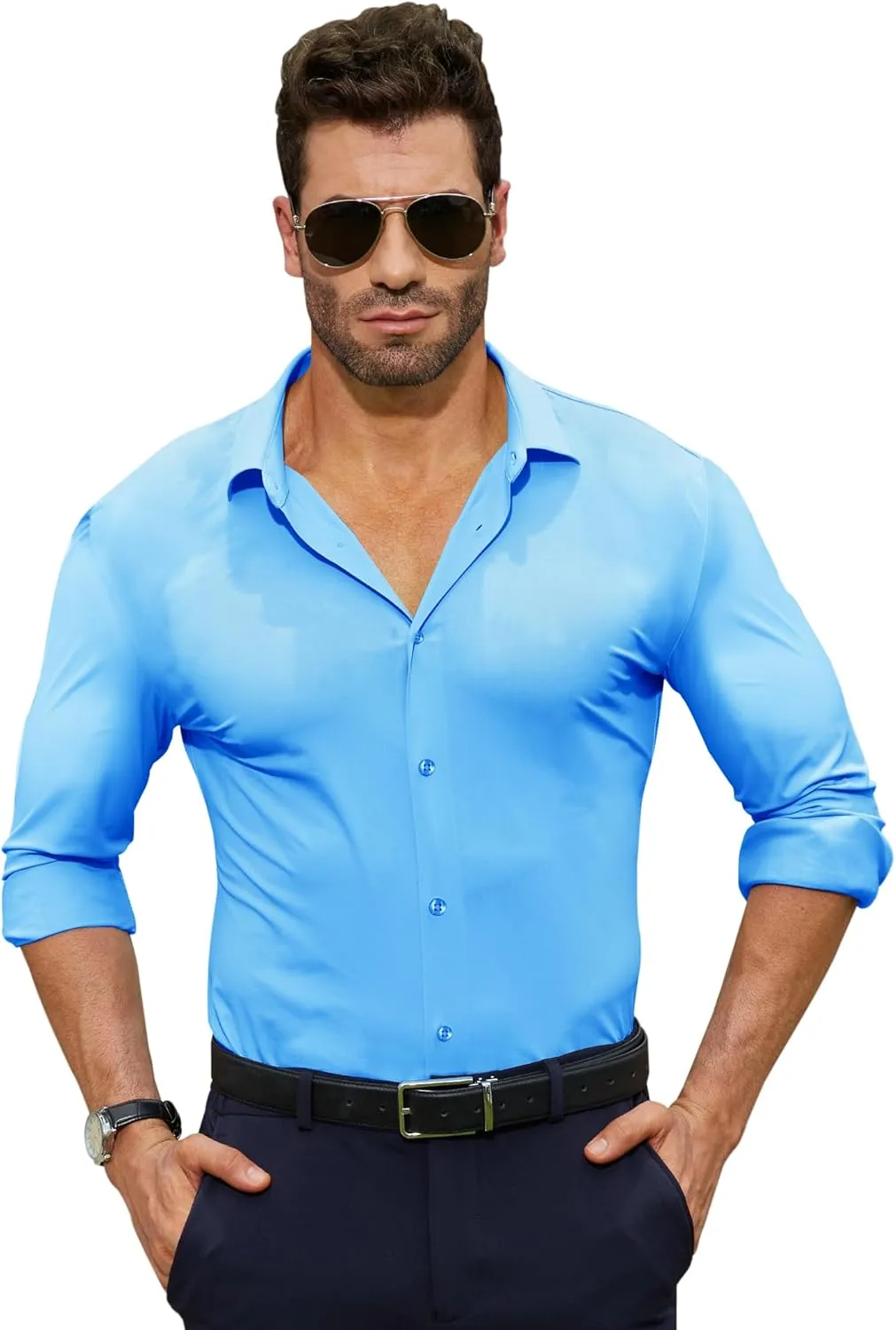Stretch Mens Dress Shirts Long Sleeve Muscle Fit Dress Shirts for Men Slim Fit Big and Tall Mens Button Down Shirt