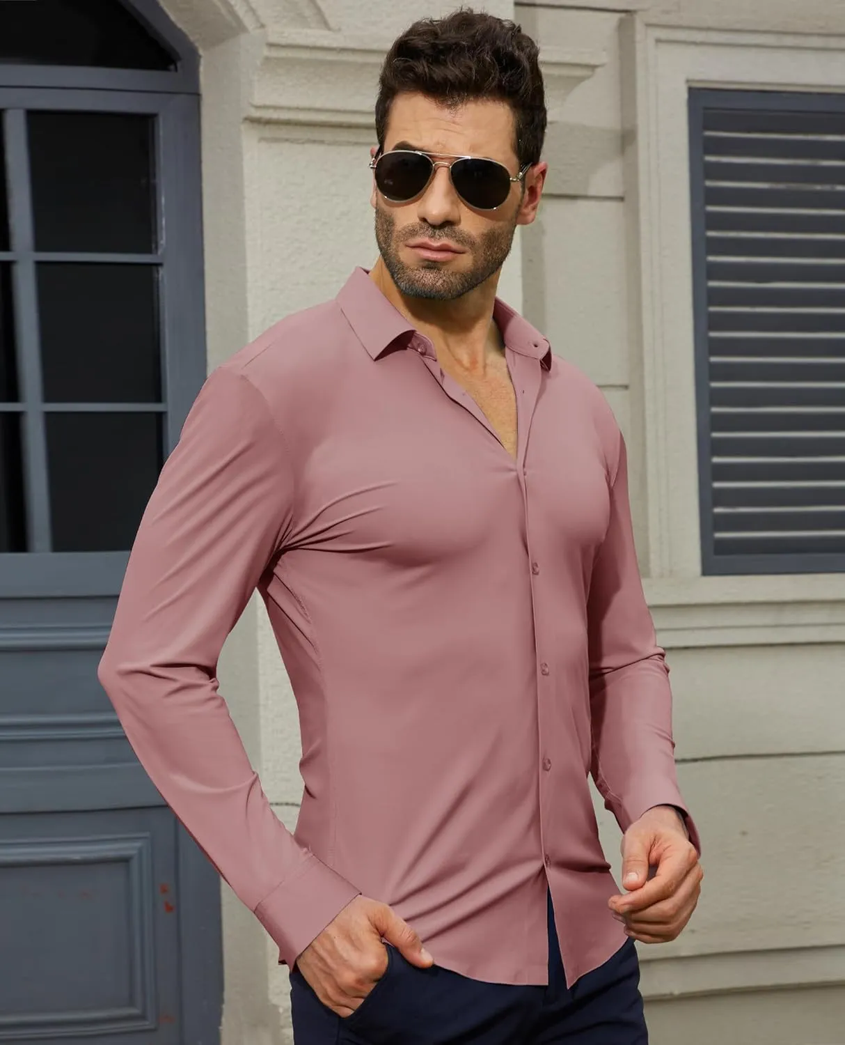 Stretch Mens Dress Shirts Long Sleeve Muscle Fit Dress Shirts for Men Slim Fit Big and Tall Mens Button Down Shirt