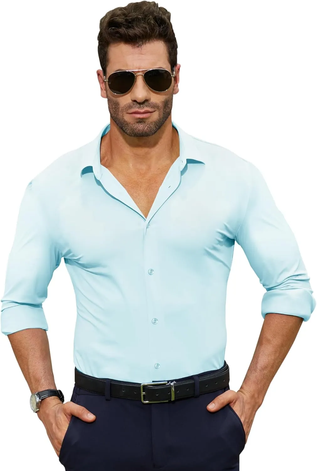 Stretch Mens Dress Shirts Long Sleeve Muscle Fit Dress Shirts for Men Slim Fit Big and Tall Mens Button Down Shirt