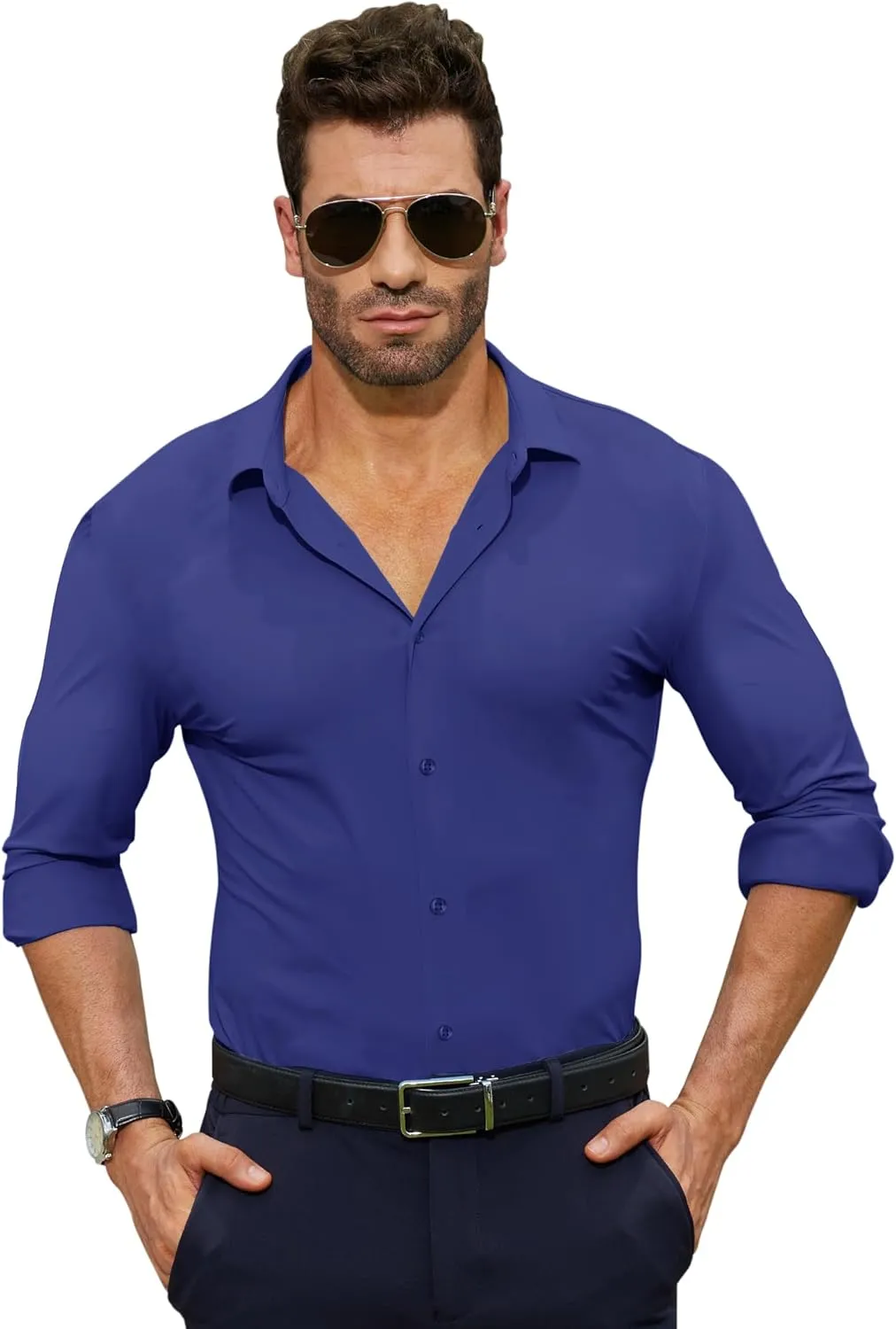 Stretch Mens Dress Shirts Long Sleeve Muscle Fit Dress Shirts for Men Slim Fit Big and Tall Mens Button Down Shirt