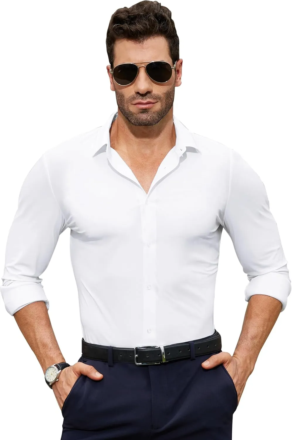 Stretch Mens Dress Shirts Long Sleeve Muscle Fit Dress Shirts for Men Slim Fit Big and Tall Mens Button Down Shirt