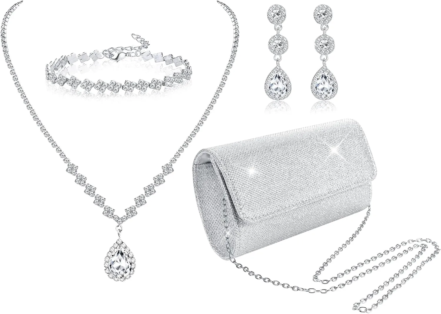 Subiceto 4Pcs Silver Clutch Purse Jewelry Set for Women Evening Rhinestone Purse Crystal Necklace Earrings Bracelets Set Silver Accessories for Women Bride Wedding Jewelry
